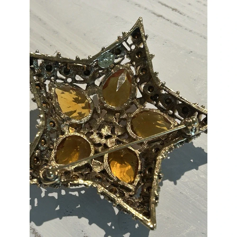 VTG KJL Kenneth J. Lane Orion Star Book Piece Gold Topaz Rhinestone Glass Brooch